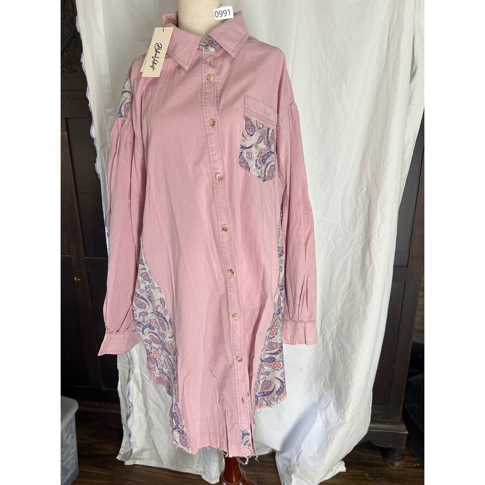 Blue Velvet Pink Paisley Contrast Button Down Shirt Dress Oversized Boho Medium